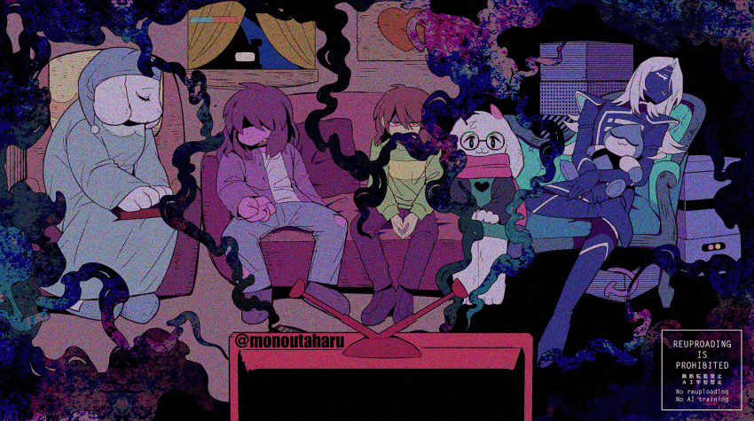1other, 2girls, 3boys, :3, animal_ears, blue_pants, blue_skin, breathing_smoke