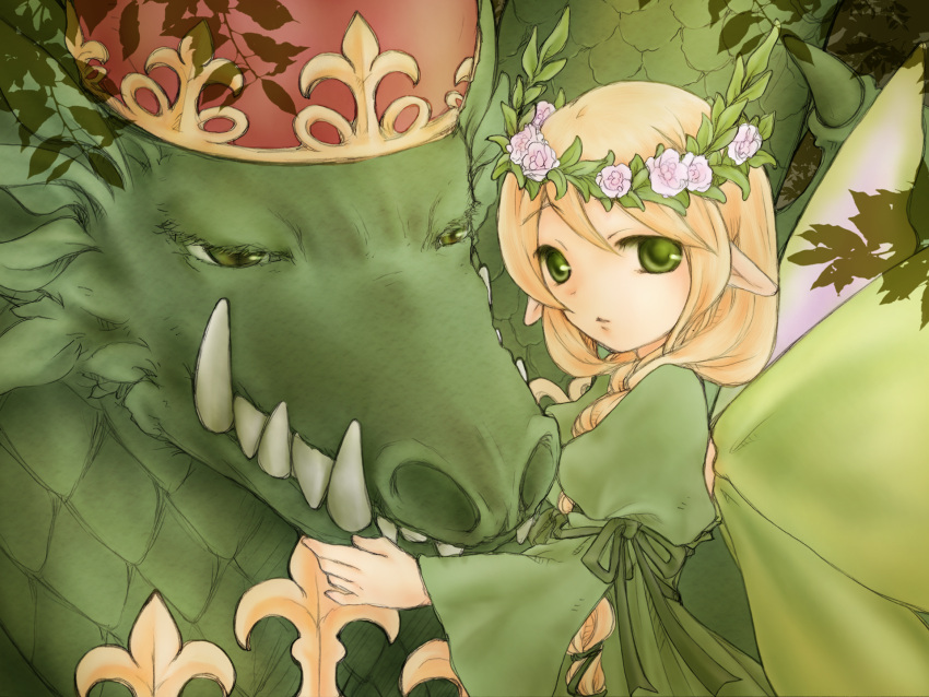 1girl, aries_end, blonde_hair, braid, commentary_request, crown, dragon, dress