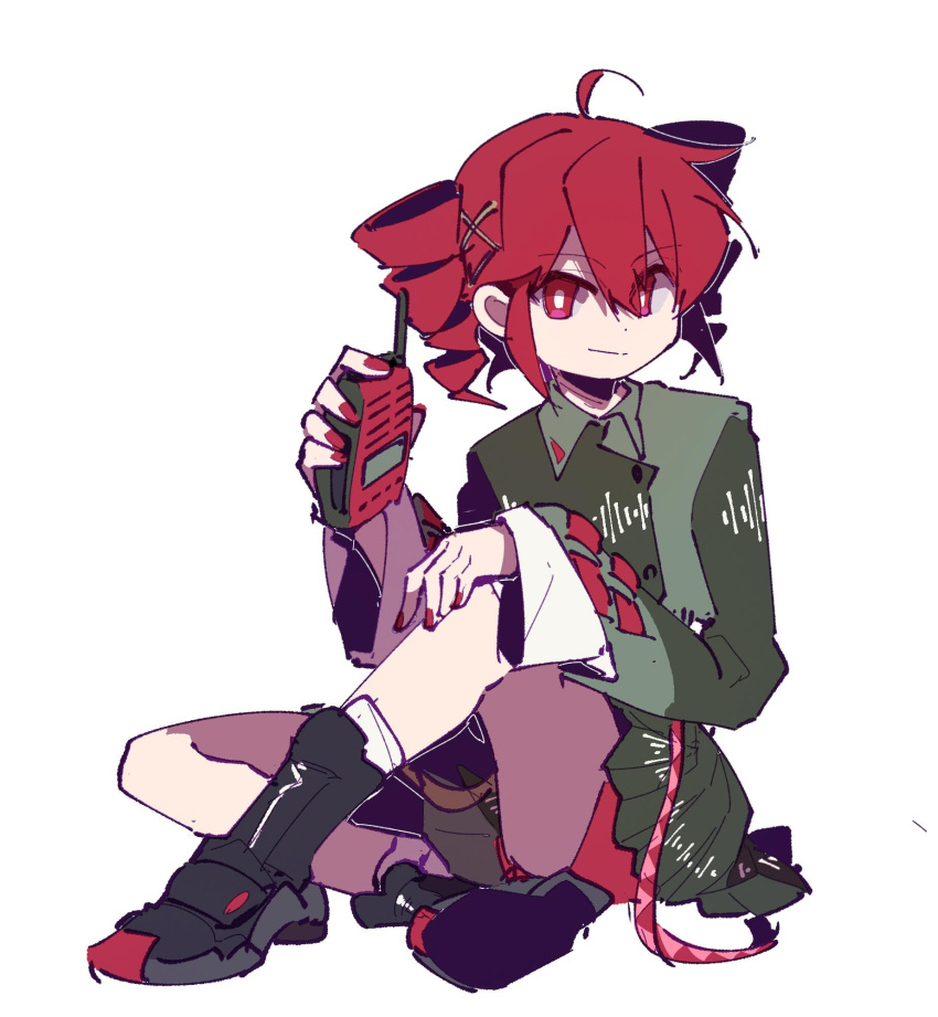 1girl, ahoge, black_shoes, black_socks, bright_pupils, closed_mouth, drill_hair, grey_jacket