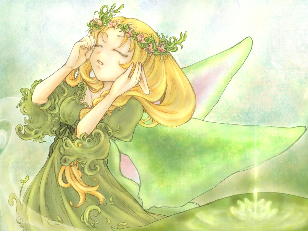 1girl, aries_end, blonde_hair, closed_eyes, commentary_request, cowboy_shot, dress, expressionless