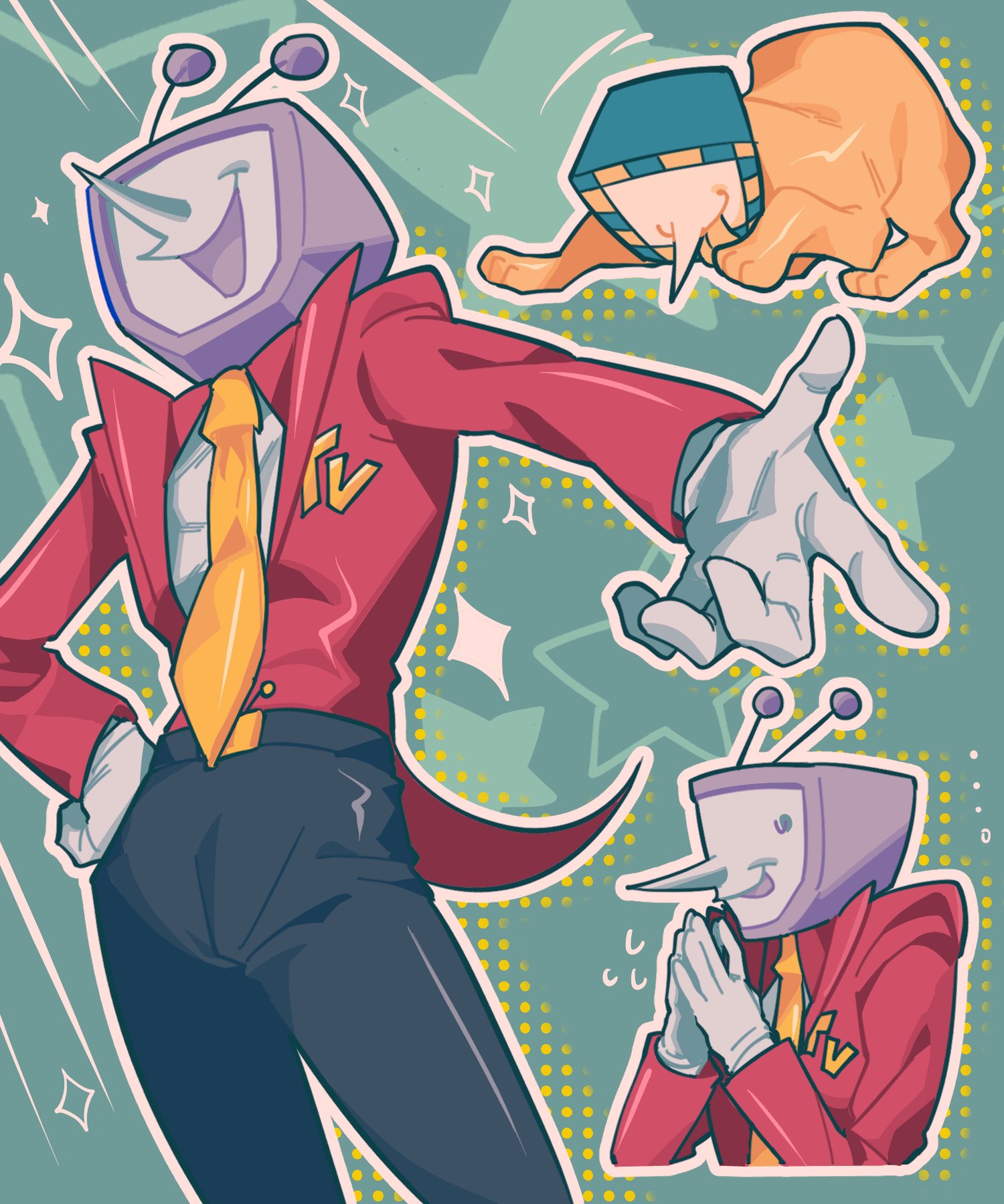1boy, ant_tenna, ant_tenna_(sphinx), belt_buckle, black_pants, buckle, collared_shirt, crt