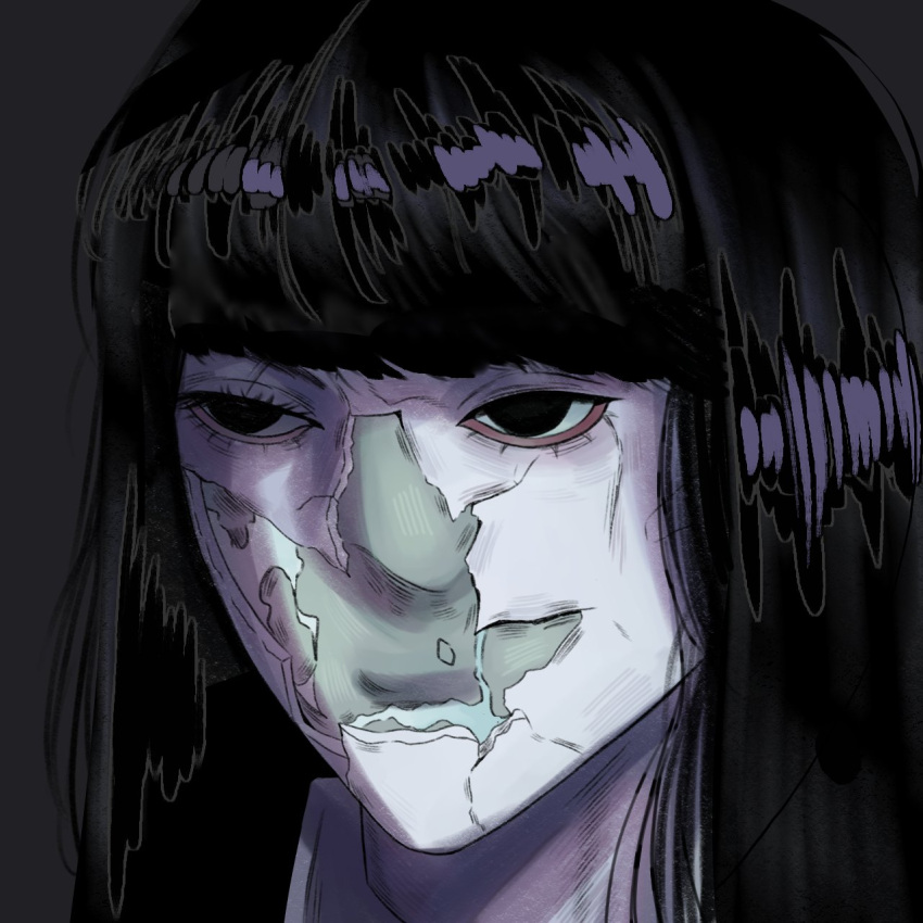 1girl, album_cover_redraw, black_eyes, black_hair, blunt_bangs, closed_mouth, colored_skin, commentary