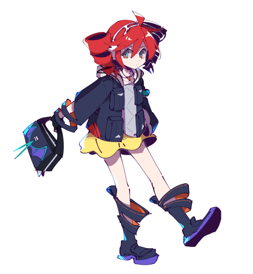 1girl, ahoge, aqua_eyes, bag, black_boots, black_gloves, black_jacket, boots