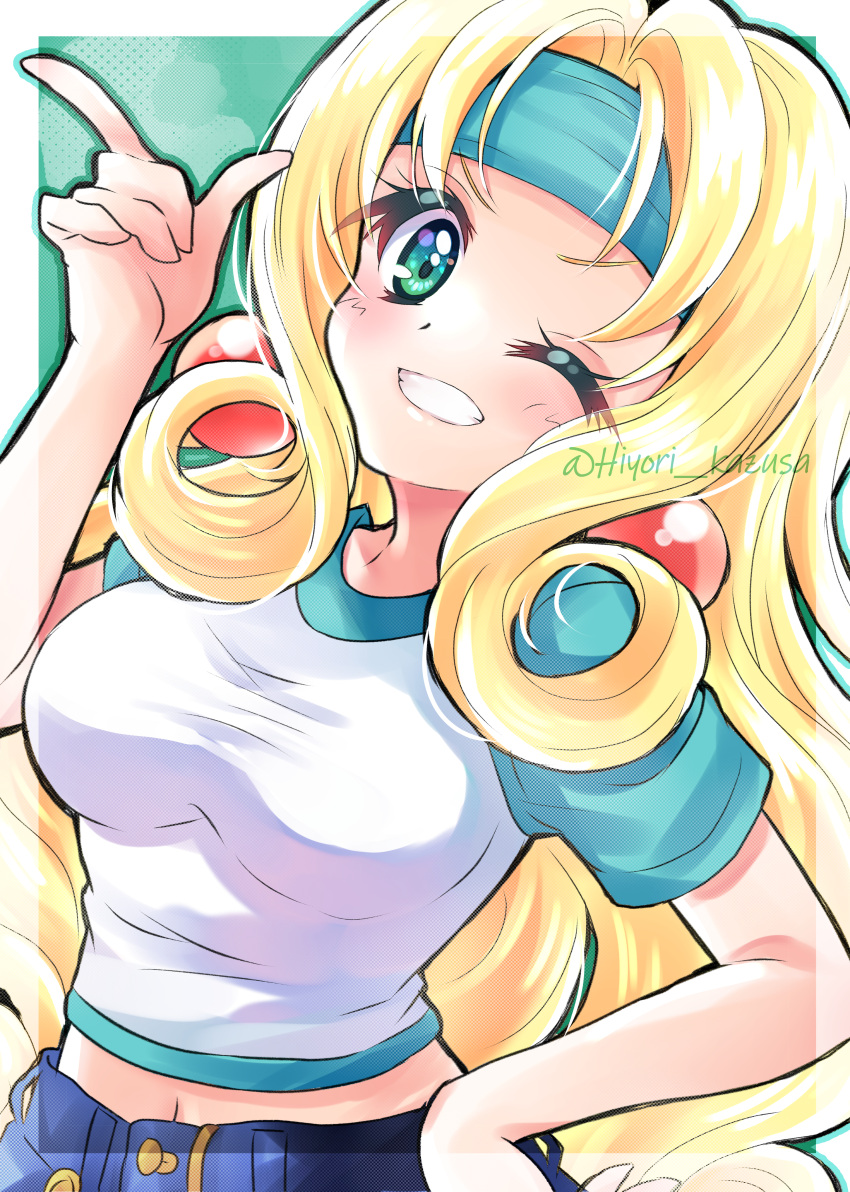 1girl, absurdres, akihabara_dennou_gumi, blonde_hair, earrings, green_eyes, green_headband, headband