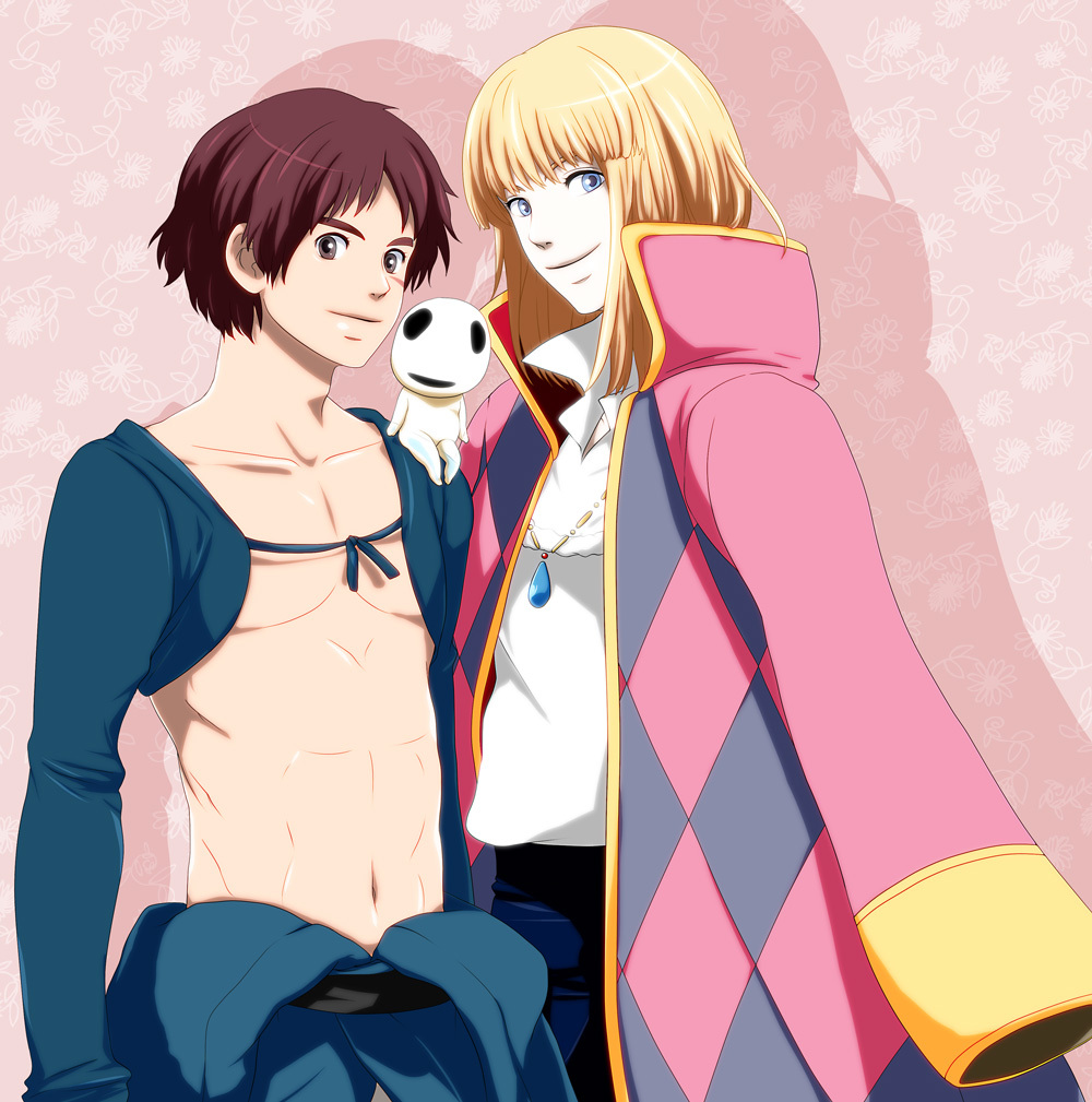 2boys, abs, ashitaka, blonde_hair, blue_eyes, blue_shirt, brown_eyes, brown_hair, howl, howl_no_ugoku_shiro, jacket, jewelry, kodama, male, mononoke_hime, multiple_boys, necklace, open_shirt, ritsu_(heavend), scar, simple_background, smile, standing