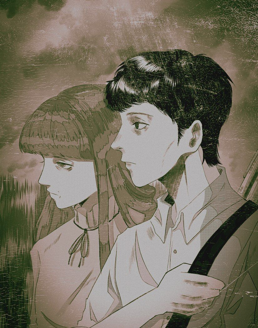 1boy, 1girl, blunt_bangs, closed_mouth, commentary, english_commentary, face_piercing, fear_&amp;_hunger_(series), fear_&amp;_hunger_2:_termina, frilled_shirt_collar, frills, holding_strap, levi_(fear_&amp;_hunger), long_hair, maamori_san1, marina_(fear_&amp;_hunger), monochrome, mouth_piercing, neck_ribbon, piercing, profile, ribbon, sepia, short_hair, upper_body