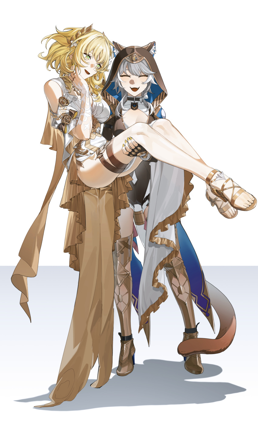 2girls, absurdres, aglaea_(honkai:_star_rail), ancient_greek_clothes, animal_ear_fluff, animal_ears, animal_hood, black_gloves