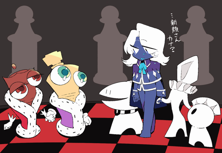 1girl, 2boys, :d, blue_bow, blue_bowtie, blue_capelet, blue_eyes, blue_jacket
