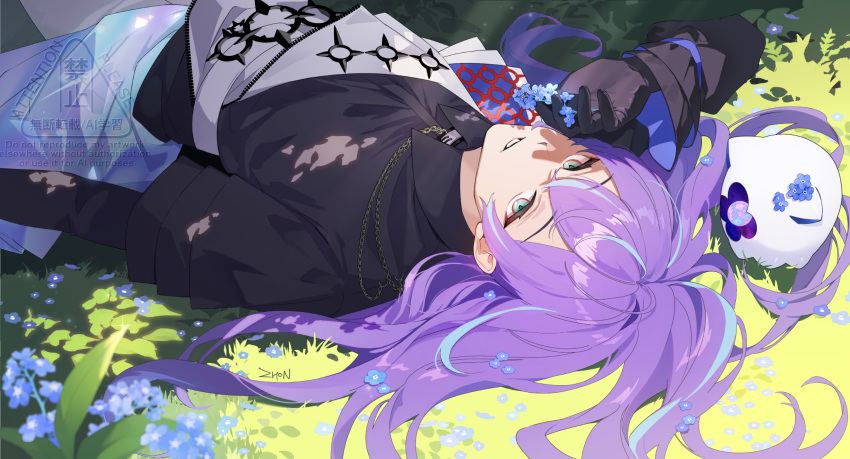 1boy, belt, black_gloves, black_shirt, blue_eyes, blue_flower, flower, gloves