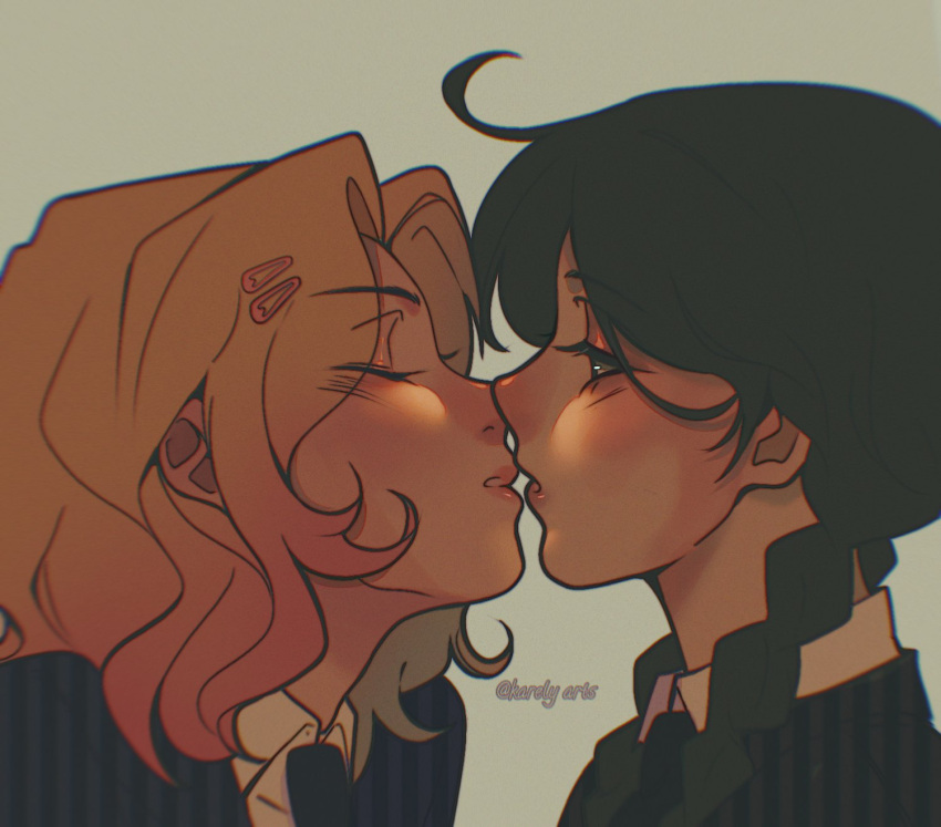2girls, addams_family, black_eyes, black_hair, black_necktie, blonde_hair, blush, braid