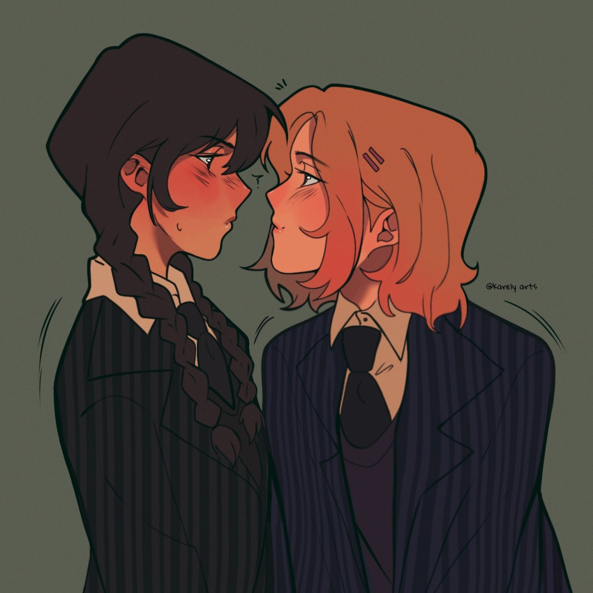2girls, ?, addams_family, black_hair, black_necktie, blazer, blonde_hair, blush