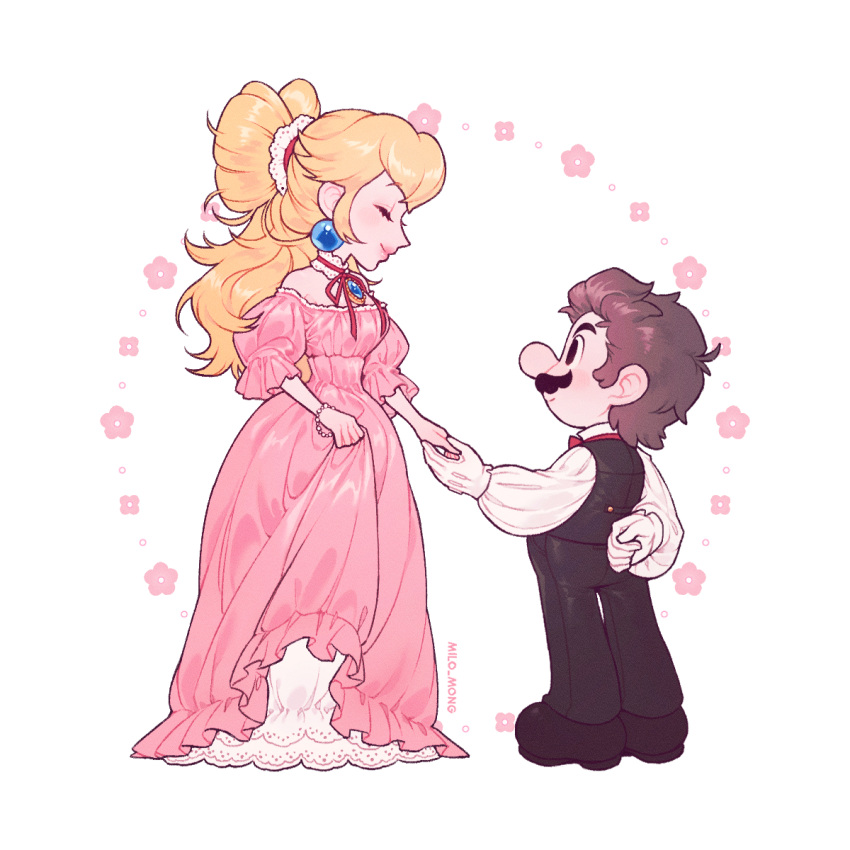 1boy, 1girl, alternate_costume, alternate_hairstyle, artist_name, bare_shoulders, black_eyes, black_pants, black_shoes, blonde_hair, breasts, brown_hair, closed_eyes, closed_mouth, clothes_lift, commentary, dress, dress_lift, earrings, facial_hair, formal_clothes, from_side, full_body, gloves, hashtag-only_commentary, height_difference, highres, holding_hands, jewelry, long_dress, long_hair, looking_at_another, mario, mong_(mong_milo), mustache, pants, pendant, pink_dress, pink_lips, princess_peach, puffy_sleeves, shoes, short_hair, simple_background, small_breasts, smile, sphere_earrings, standing, super_mario_bros., tuxedo, white_background, white_gloves