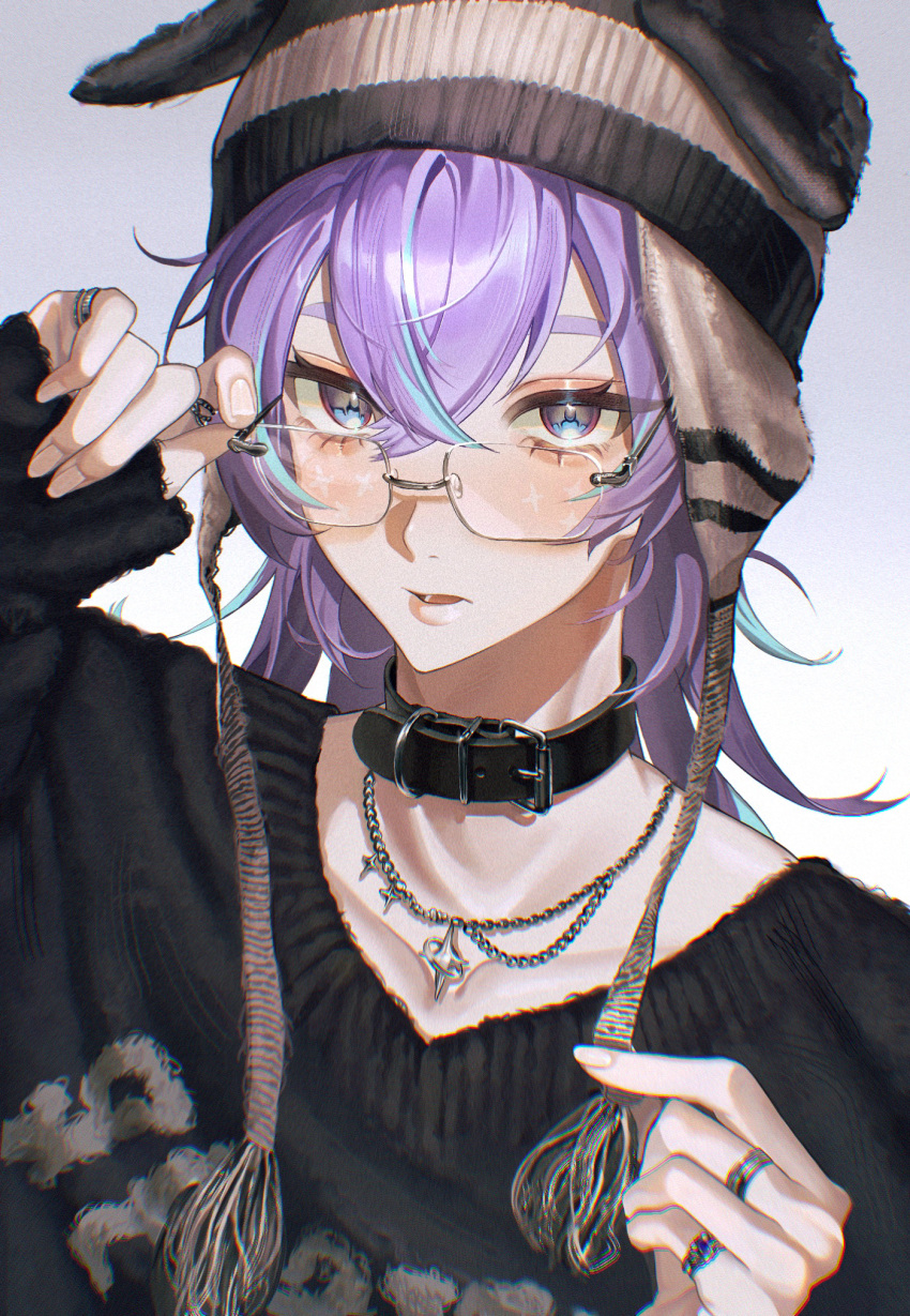 1boy, aegyo_sal, alternate_costume, beanie, belt_collar, black-framed_eyewear, black_sweater, chromatic_aberration