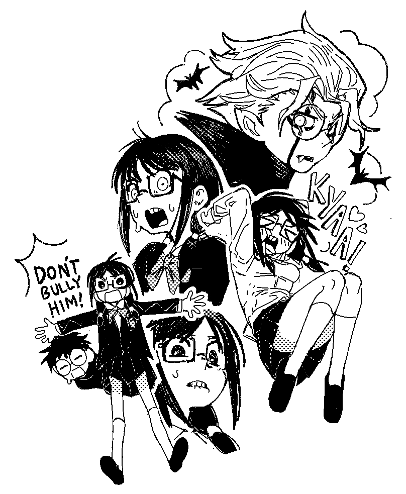 >_<, 1boy, 1girl, bat_(animal), biting_own_lip, black_hair, blupixl, blush, bow, bowtie, collared_shirt, dandadan, english_commentary, english_text, facial_mark, fang, glasses, greyscale, heart, jacket, kami_high_school_uniform, kneehighs, long_hair, long_sleeves, low_twintails, monochrome, multiple_views, nervous_sweating, open_mouth, pleated_skirt, sawaki_rin, school_uniform, shirt, skirt, socks, sweat, takakura_ken_(dandadan), takakura_ken_(transformed)_(dandadan), transformation, twintails, vampire, white_background