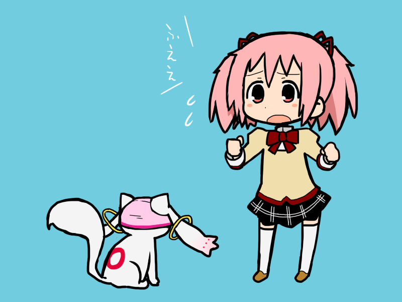 blush, bow, chibi, dress, hair_bow, hizaki_ryuuta, kaname_madoka, kyubey, mahou_shoujo_madoka_magica, object_on_head, open_mouth, panties, panties_on_head, pink_eyes, pink_hair, ribbon, school_uniform, short_hair, short_twintails, surprised, thighhighs, twintails, underwear, white_legwear