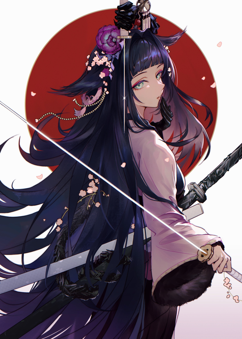 1girl, absurdres, animal_ears, arknights, black_hair, blue_eyes, enip_o, flower