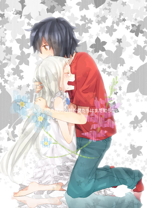 bad_id, black_hair, brown_eyes, closed_eyes, eyes_closed, honma_meiko, hug, reflection