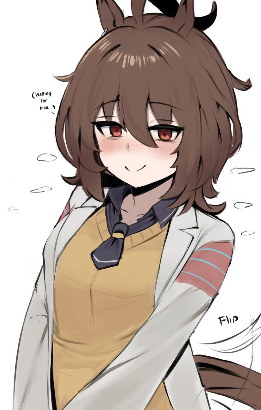 1girl, absurdres, agnes_tachyon_(umamusume), ahoge, animal_ears, black_necktie, black_shirt, blush