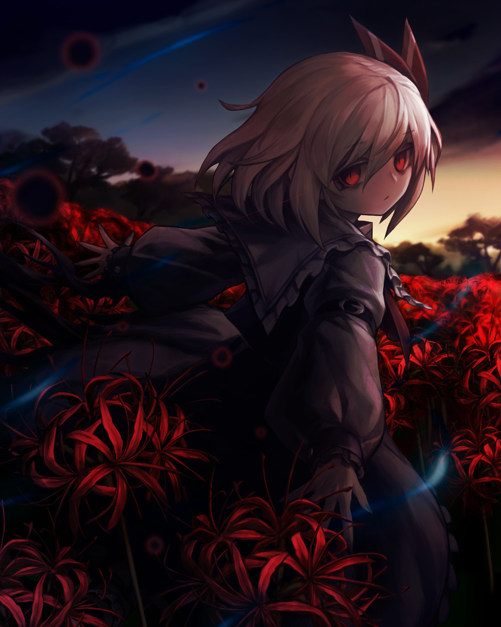 1girl, arm_belt, ascot, black_dress, blonde_hair, closed_mouth, commentary_request, cowboy_shot, dark, dress, field, flower, flower_field, from_behind, glowing, glowing_eyes, hair_between_eyes, hair_ribbon, highres, long_sleeves, looking_at_viewer, looking_back, outdoors, outstretched_arms, puffy_long_sleeves, puffy_sleeves, red_ascot, red_eyes, red_flower, red_ribbon, ribbon, rumia, shirt, short_hair, sky, solo, spark621, spider_lily, spores, spread_arms, standing, touhou, white_shirt