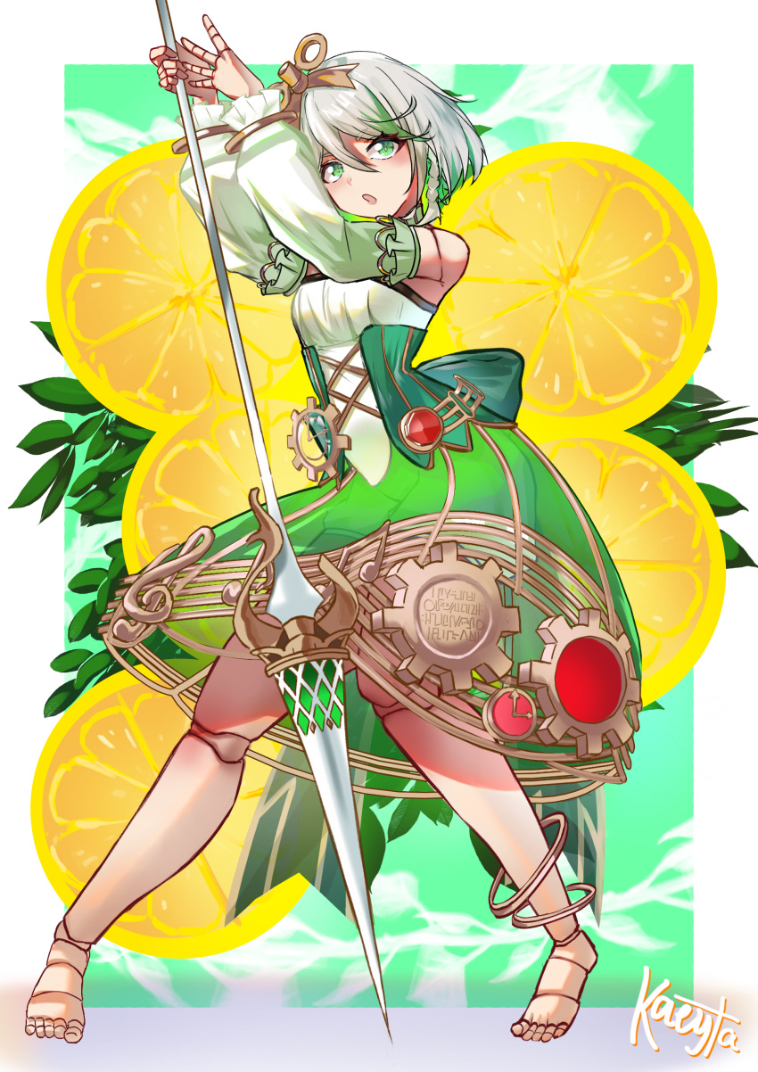1girl, absurdres, barefoot, cecilia_immergreen, cecilia_immergreen_(1st_costume), corset, detached_sleeves, doll_joints, feet, food, fruit, full_body, green_corset, green_eyes, green_hair, green_skirt, grey_hair, highres, holding, holding_polearm, holding_weapon, hololive, hololive_english, joints, kirigayawin, lemon, lemon_slice, looking_at_viewer, medium_hair, multicolored_hair, open_mouth, polearm, romper, skirt, solo, strapless_romper, virtual_youtuber, weapon, white_romper, winding_key