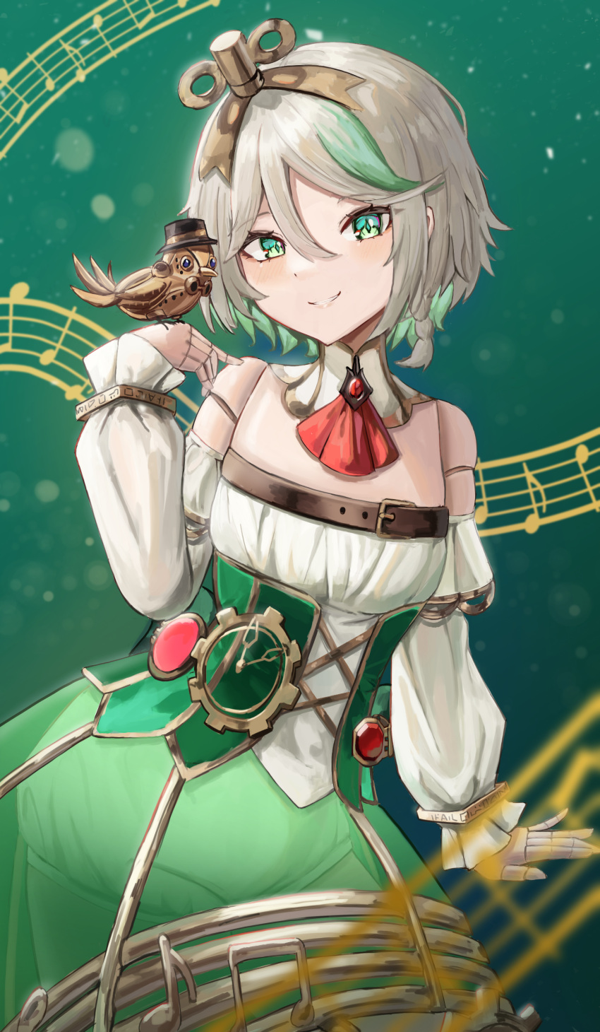 1girl, absurdres, ascot, cecilia_immergreen, cecilia_immergreen_(1st_costume), closed_mouth, colored_inner_hair, corset, detached_collar, detached_sleeves, doll_joints, green_corset, green_eyes, green_hair, green_skirt, grey_hair, highres, hololive, hololive_english, joints, just_tume, looking_at_viewer, medium_hair, multicolored_hair, non-humanoid_robot, red_ascot, robot, robot_animal, romper, skirt, smile, solo, strapless_romper, virtual_youtuber, white_romper, winding_key