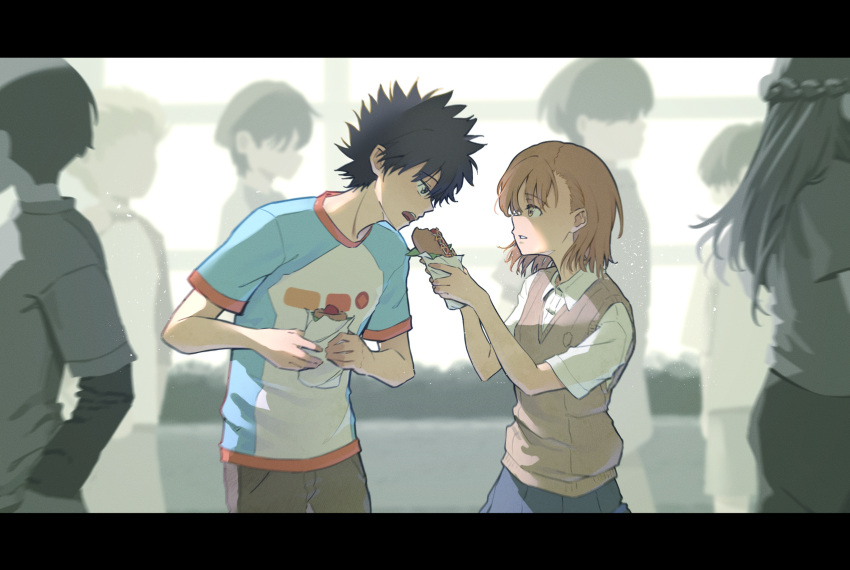 2girls, 6+boys, absurdres, black_hair, blue_shirt, brown_hair, brown_pants, brown_sweater_vest