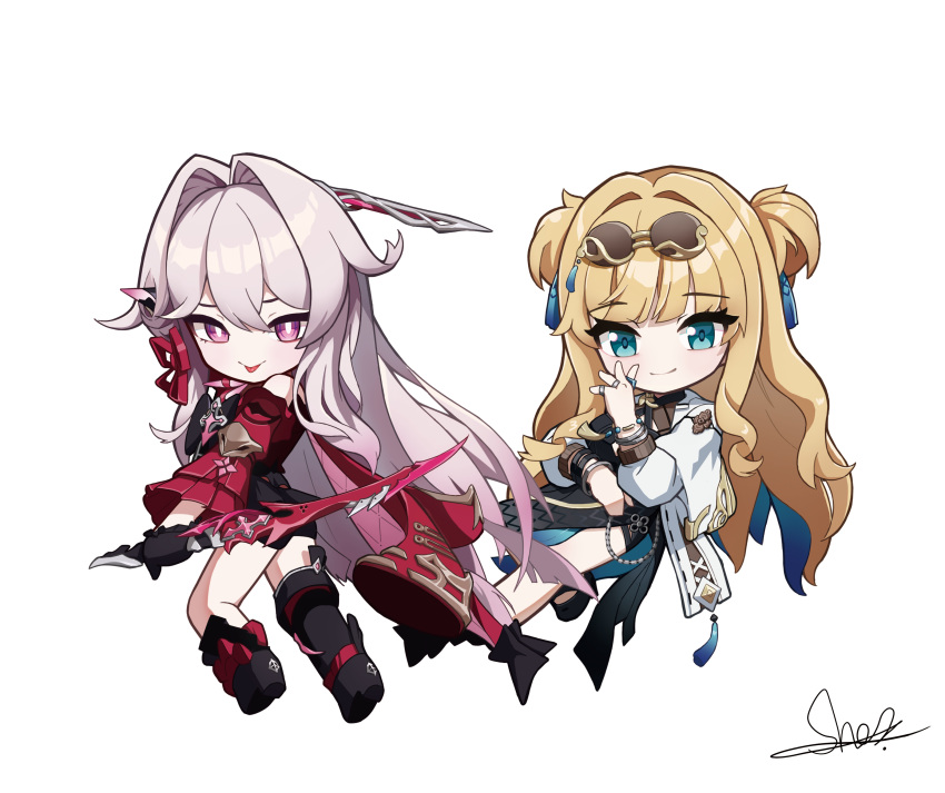 2girls, absurdres, black_gloves, blonde_hair, bow, chibi, china_dress, chinese_clothes
