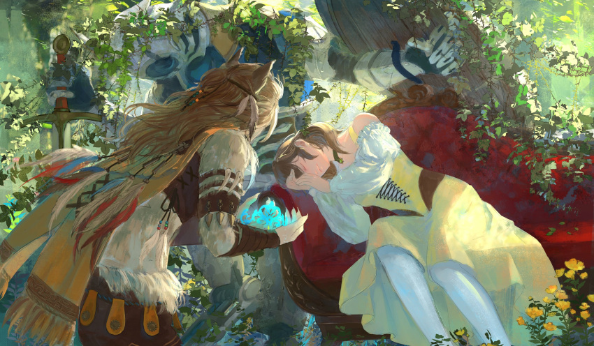 1boy, 2girls, absurdres, animal_ears, brown_hair, cape, cho.s.h, couch