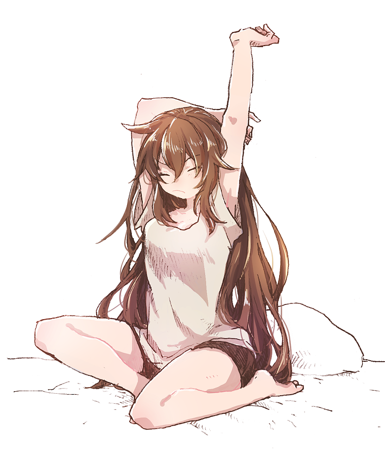 1girl, amy_(another_eden), another_eden, arm_up, bare_arms, bare_legs, barefoot, bed_sheet, black_shorts, breasts, brown_hair, closed_eyes, closed_mouth, commentary_request, double-parted_bangs, full_body, hair_between_eyes, hand_on_own_elbow, hatching_(texture), linear_hatching, long_hair, medium_breasts, messy_hair, michibata_65, on_bed, pillow, shirt, short_shorts, short_sleeves, shorts, sidelocks, simple_background, sitting, solo, stretching, t-shirt, v-shaped_eyebrows, very_long_hair, waking_up, white_background, white_shirt