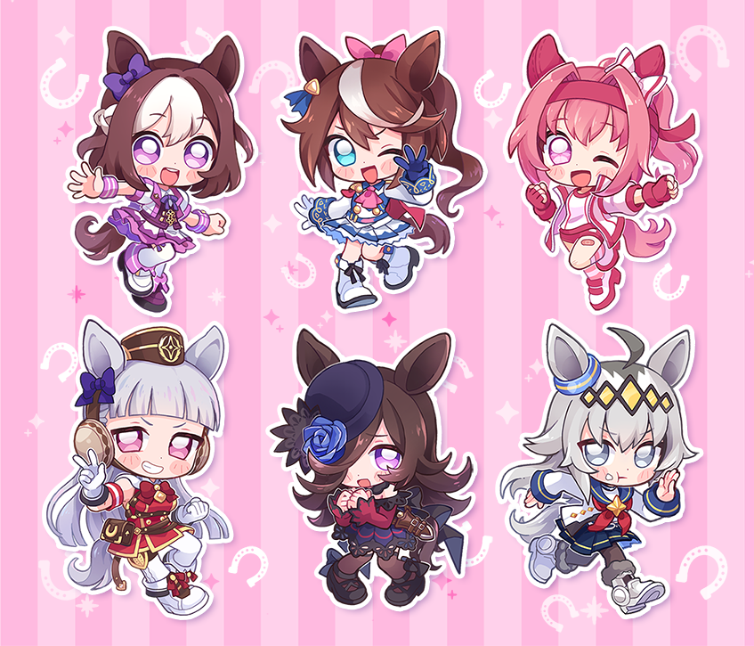 6+girls, ahoge, animal_ears, armband, ascot, asuinui, asymmetrical_gloves, bag, bandaid, bandaid_on_leg, black_choker, black_pantyhose, black_thighhighs, blue_eyes, blue_flower, blue_gloves, blue_rose, blue_sailor_collar, blue_skirt, blunt_bangs, blush, bow, braid, breasts, brooch, brown_hair, brown_hat, buruma, cape, choker, closed_mouth, cropped_jacket, crumbs, dagger, dress, ear_bow, ear_covers, ear_ornament, ear_ribbon, epaulettes, fascinator, fingerless_gloves, flipped_hair, flower, flower-shaped_pupils, flower_in_eye, gloves, gold_ship_(red_strife)_(umamusume), gold_ship_(umamusume), grey_hair, grey_tail, hair_between_eyes, hair_ornament, hair_over_one_eye, hairband, haru_urara_(bestest_prize)_(umamusume), haru_urara_(umamusume), hat, hat_flower, headband, high_ponytail, horse_ears, horse_girl, horse_tail, jacket, jewelry, knife, long_hair, long_sleeves, looking_at_viewer, mismatched_gloves, multicolored_hair, multicolored_jacket, multiple_girls, neckerchief, off-shoulder_dress, off_shoulder, oguri_cap_(starlight_beat)_(umamusume), oguri_cap_(umamusume), one_eye_closed, open_clothes, open_jacket, open_mouth, pantyhose, pillbox_hat, pink_ascot, pink_buruma, pink_eyes, pink_gloves, pink_hair, pink_headband, pleated_skirt, ponytail, purple_bow, purple_dress, purple_ribbon, purple_shirt, red_armband, red_bow, red_buruma, red_cape, red_dress, red_gloves, red_headband, red_neckerchief, ribbon, rice_shower_(rosy_dreams)_(umamusume), rice_shower_(umamusume), rose, running, sailor_collar, sheath, sheathed, shirt, shoes, short_hair, short_sleeves, single_epaulette, skirt, sleeveless, sleeveless_dress, smile, special_week_(special_dreamer)_(umamusume), special_week_(umamusume), star_brooch, streaked_hair, striped_armband, striped_clothes, symbol-shaped_pupils, symbol_in_eye, tail, teeth, thigh-highs, tilted_headwear, tokai_teio_(peak_joy)_(umamusume), tokai_teio_(umamusume), track_jacket, two-tone_hair, two-tone_jacket, two-tone_skirt, umamusume, upper_teeth_only, violet_eyes, weapon, white_armband, white_gloves, white_hair, white_jacket, white_pantyhose, white_shirt, white_skirt, white_thighhighs