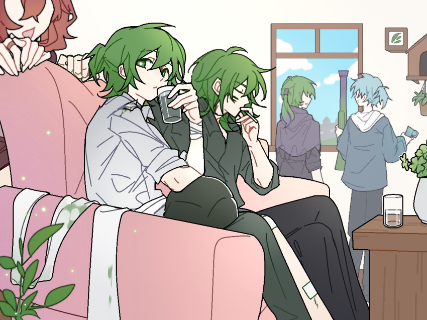 1girl, 4boys, :d, acostasu, bandaged_arm, bandages, black_pants, black_shirt