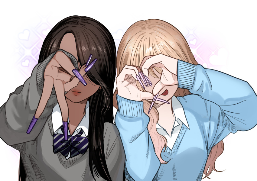 2girls, blonde_hair, blue_cardigan, bow, bowtie, brown_hair, cardigan, closed_mouth