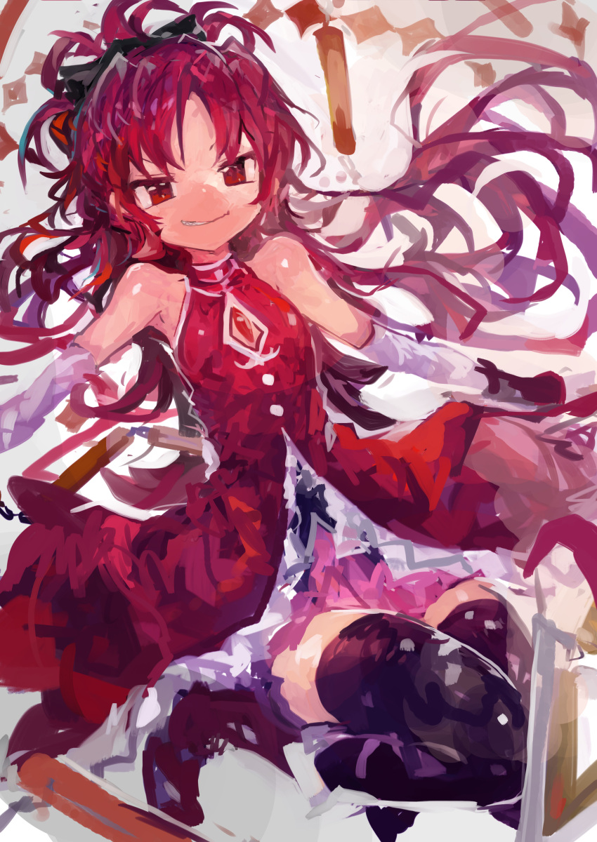 1girl, absurdres, bare_shoulders, black_boots, black_bow, black_thighhighs, boots, bow