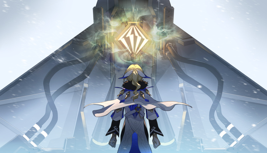 1girl, absurdres, bad_link, blonde_hair, cable, cape, clothing_cutout, cocolia_rand