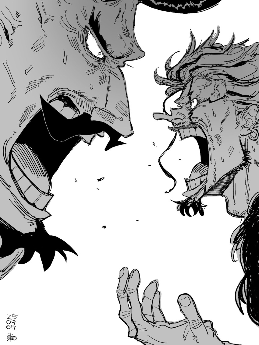 anger_vein, arguing, earrings, facial_hair, fur_trim, goatee, hand_up, harald_(one_piece)