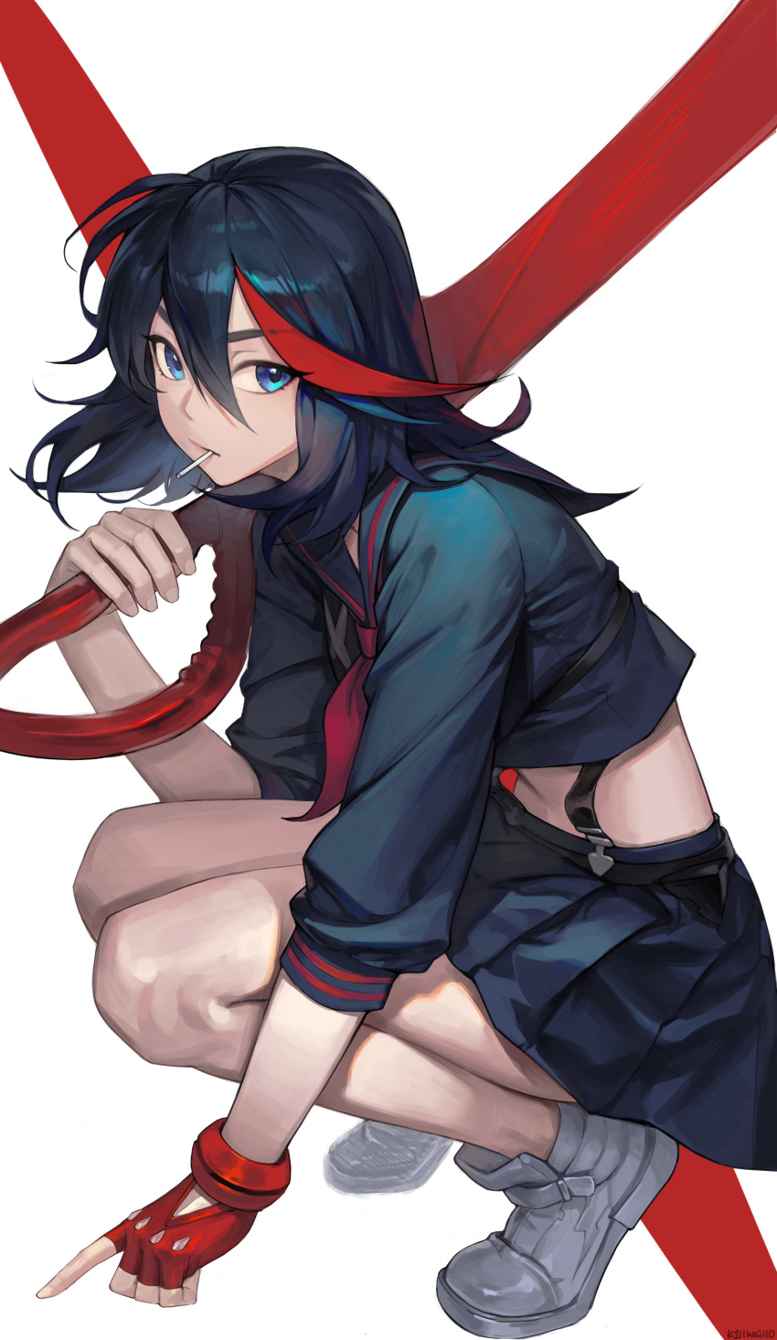 1girl, absurdres, artist_name, black_hair, black_serafuku, black_skirt, black_suspenders, blue_eyes