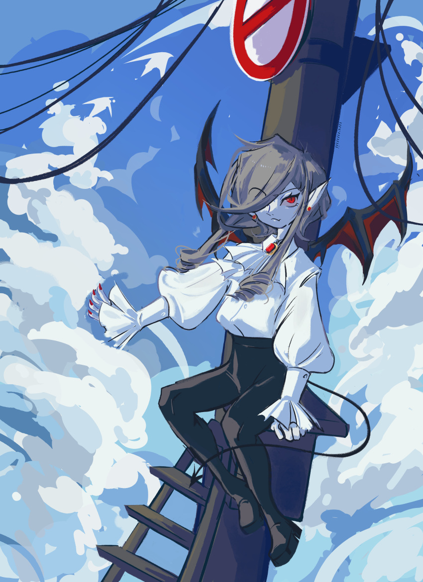 absurdres, bat_wings, black_pants, blue_sky, cable, clouds, cloudy_sky, demon_tail, demon_wings, earrings, fingernails, hair_over_one_eye, highres, jewelry, ladder, long_hair, long_sleeves, minecraft, nail_polish, pants, pillar, puffy_sleeves, red_nails, road_sign, shirt, sign, sitting, sky, tail, twitch.tv, urennnii, white_shirt, wings, wire, xah0b_(minecraft)