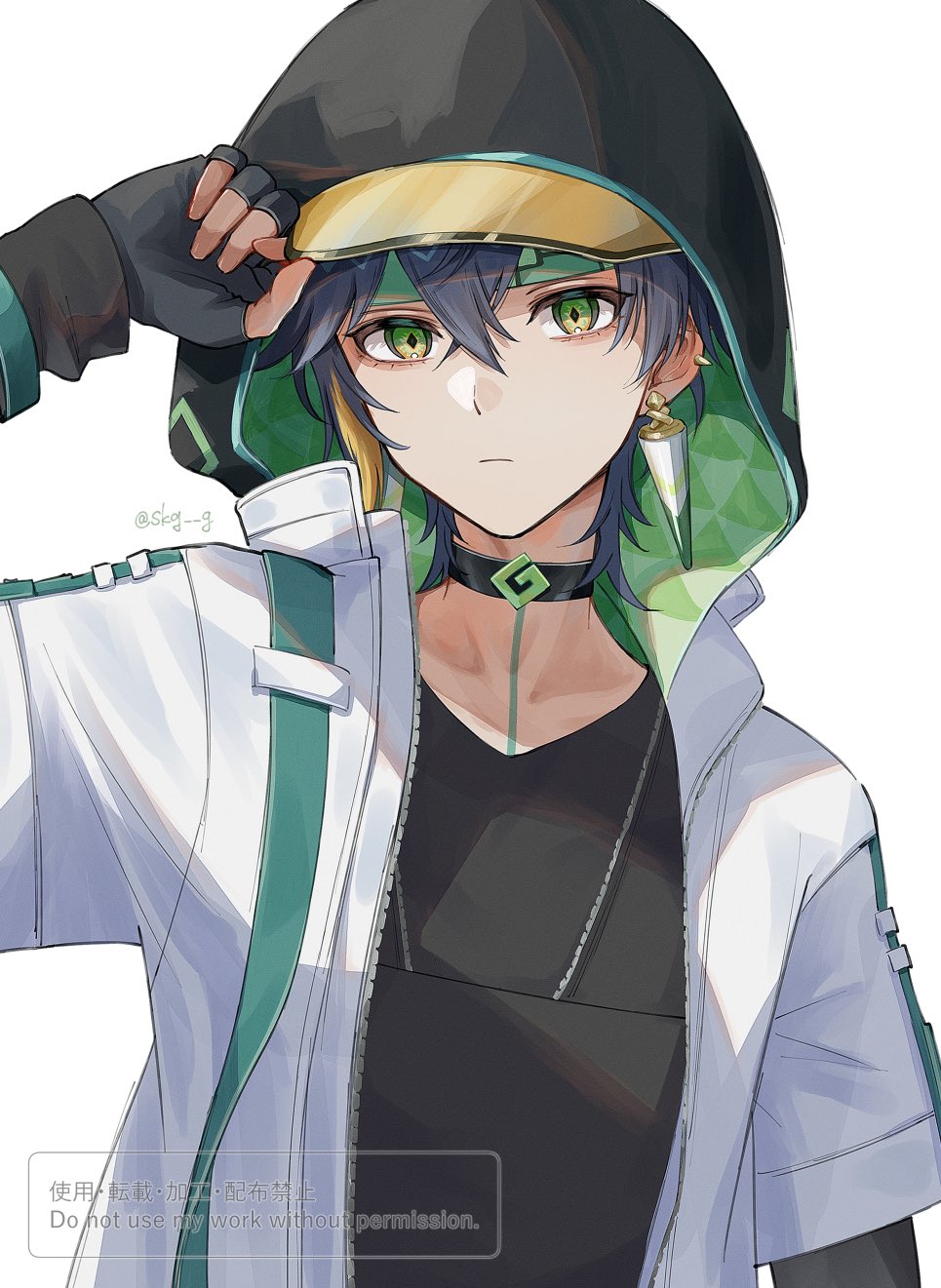 1boy, alternate_costume, arm_up, black_choker, black_gloves, black_hair, black_hood, black_hoodie