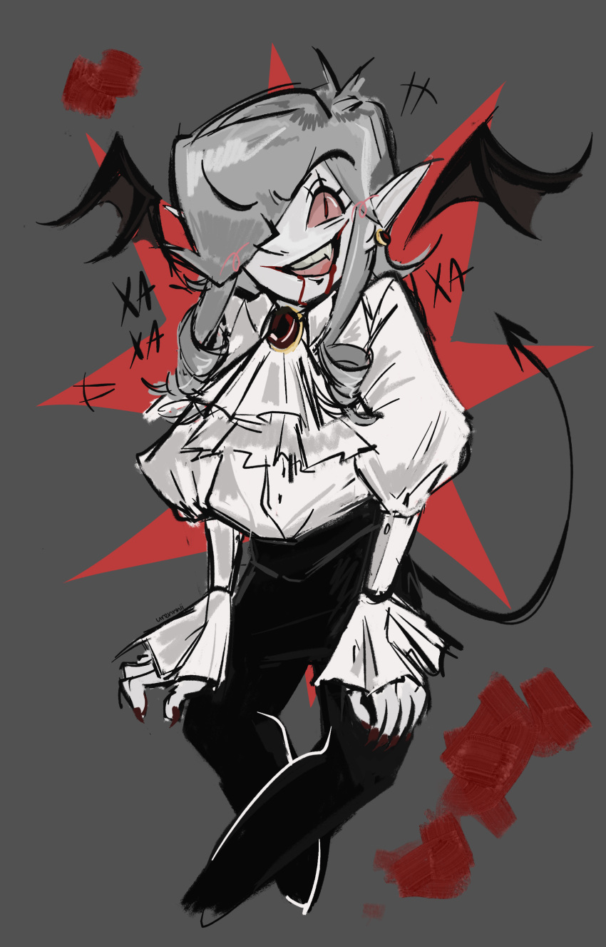 absurdres, bat_wings, black_pants, blood, demon_boy, demon_tail, demon_wings, fangs, fingernails, grey_hair, grin, highres, minecraft, pants, pointy_ears, red_eyes, red_nails, russian_text, sharp_teeth, smile, tail, teeth, twitch.tv, urennnii, vampire, wings, xah0b_(minecraft)