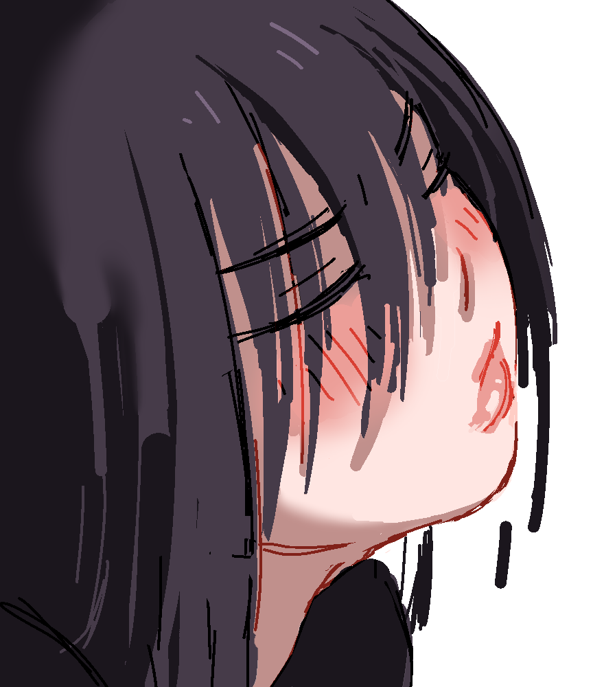 1girl, 2024, aliasing, black_hair, blush, close-up, closed_eyes, closed_mouth, embarrassed, frown, hair_over_eyes, hikikomori, light_frown, lips, long_bangs, medium_hair, original, popisya, portrait, puffy_lips, solo, thick_lips, waiting, waiting_for_kiss, white_background