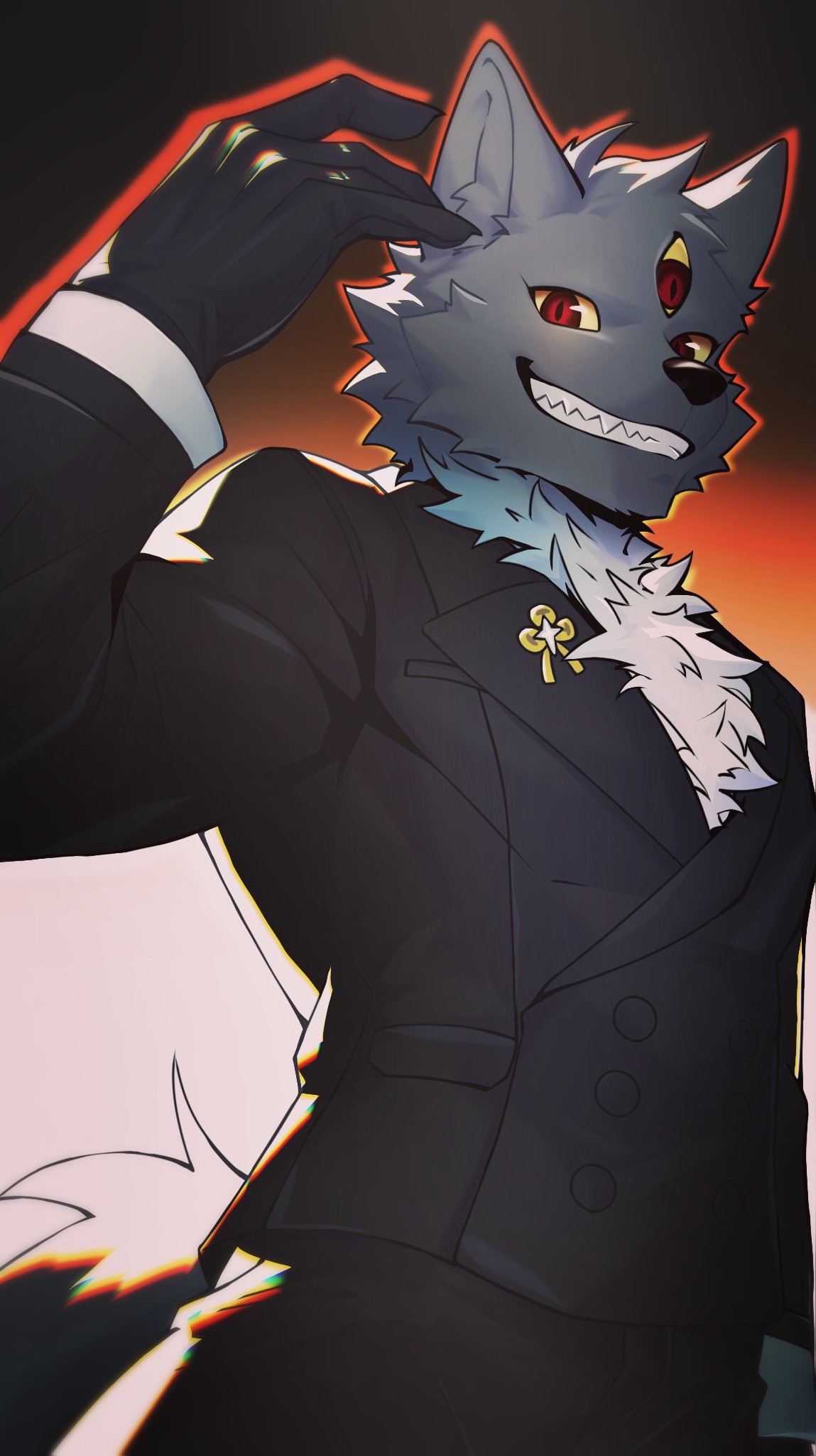 1boy, animal_ears, arknights, black_pants, black_suit, chinese_commentary, claws, commentary_request, extra_eyes, from_below, furry, furry_male, grin, highres, korilov, looking_at_viewer, male_focus, pants, sharp_teeth, smile, suit, tail, teeth, wolf_boy, wolf_ears, wolf_tail, wolfe_(arknights)
