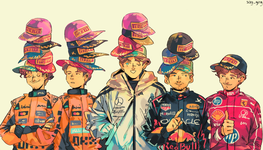 5boys, baseball_cap, black_eyes, blue_eyes, brown_hair, charles_leclerc, closed_eyes, commentary