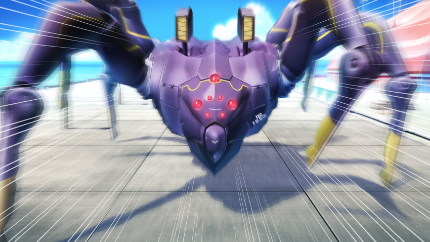blue_sky, clouds, day, fukuda_tomonori, game_cg, highres, mecha, motion_blur
