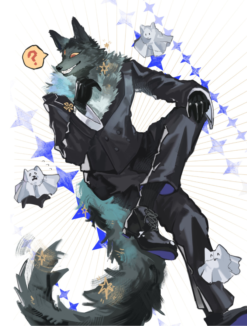 1boy, ?, absurdres, animal_ears, arknights, black_gloves, black_pants, black_shoes, black_socks, black_suit, buttertoastcat, chinese_commentary, commentary_request, crossed_legs, extra_eyes, flying_sweatdrops, furry, furry_male, gloves, highres, male_focus, pants, sharp_teeth, shoes, smile, socks, speech_bubble, spoken_question_mark, suit, tail, teeth, wolf_boy, wolf_ears, wolf_tail, wolfe_(arknights)