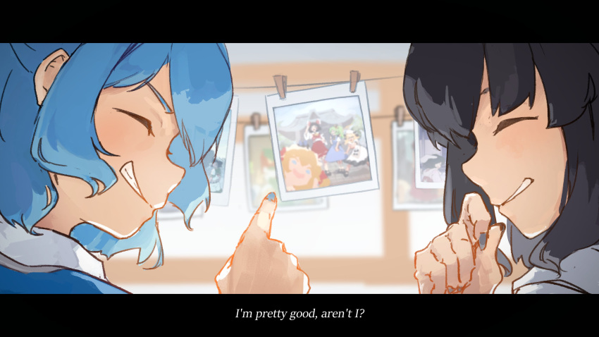 2girls, ^_^, absurdres, aqua_hair, black_hair, blue_dress, blue_nails, camera