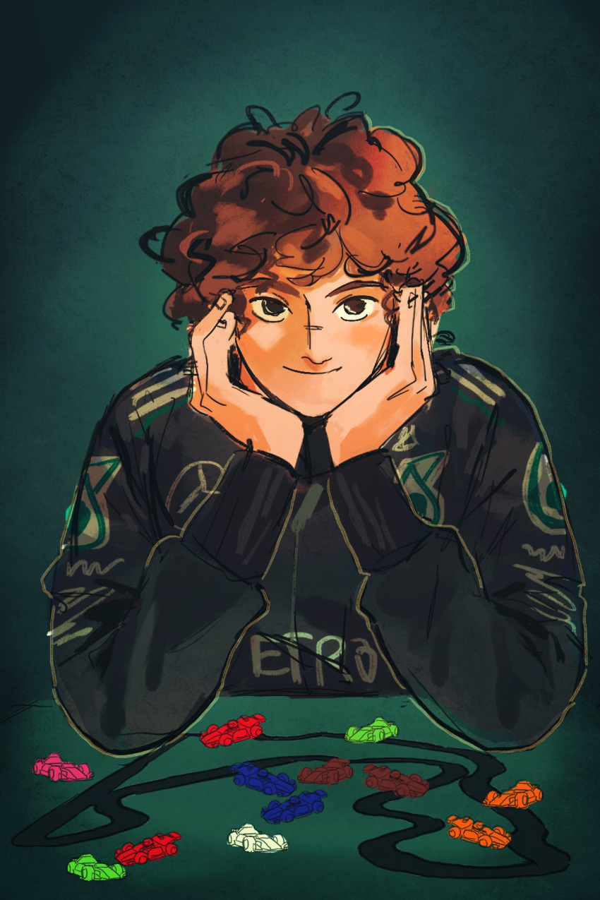 1boy, andrea_kimi_antonelli, black_eyes, black_racing_suit, blue_background, brown_hair, closed_mouth, commentary