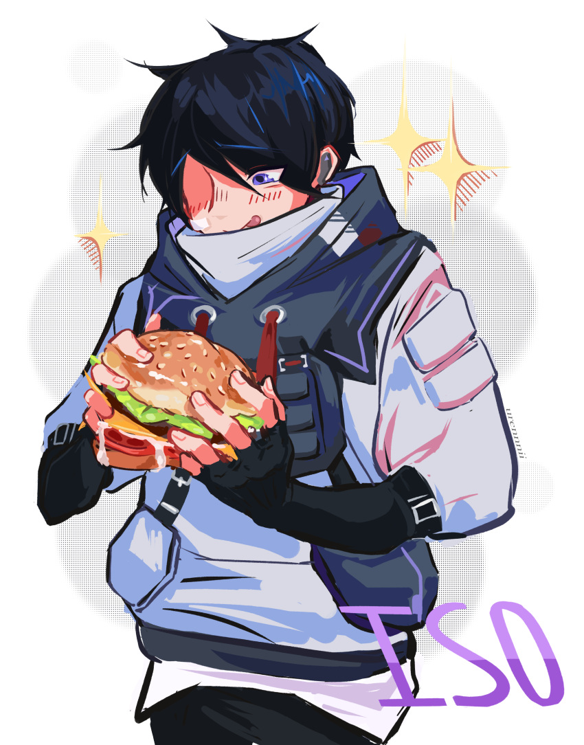 absurdres, armlet, armor, black_hair, black_pants, burger, english_text, fingerless_gloves