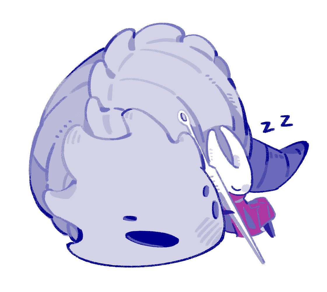 arthropod_girl, bell_beast_(hollow_knight), bug, cloak, closed_eyes, curled_up, hollow_eyes, hollow_knight