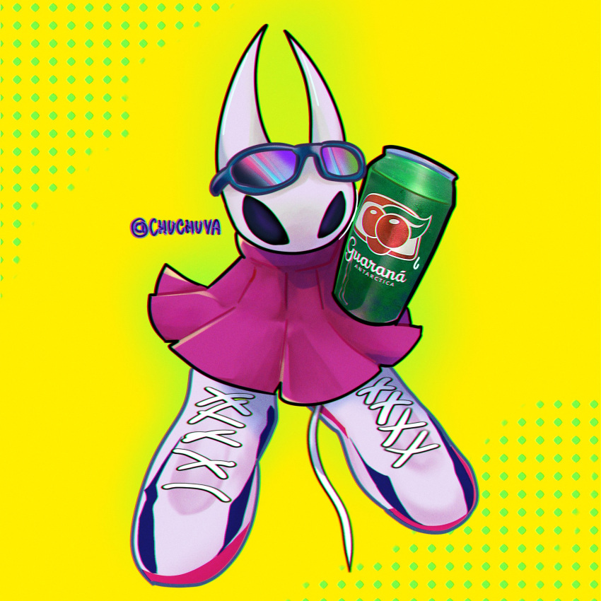 1girl, arthropod_girl, artist_name, can, chuchuva, cloak, drink_can, eyewear_on_head, highres, hollow_eyes, hollow_knight, hollow_knight:_silksong, horned_mask, hornet_(hollow_knight), mask, red_cloak, shoes, sneakers, soda, soda_can, solo, standing, sunglasses, yellow_background