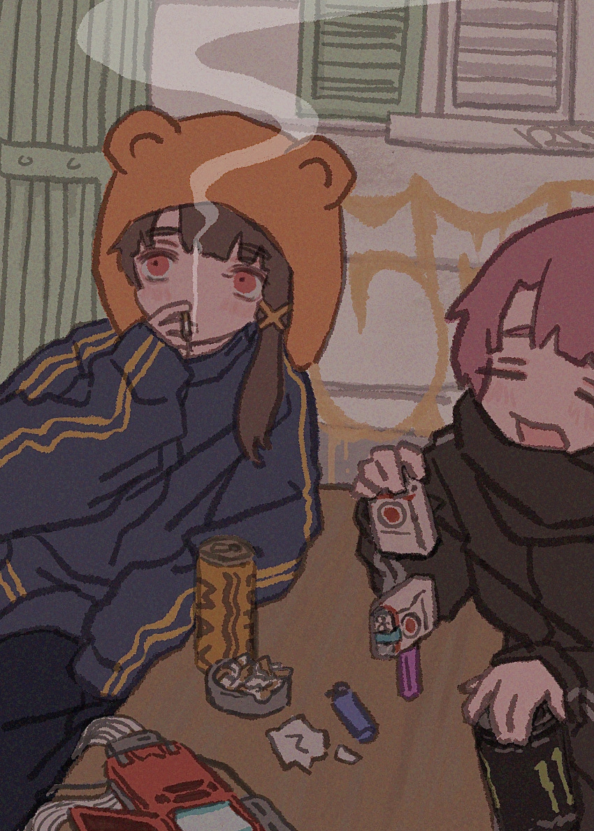 2girls, absurdres, alternate_form, ashtray, bear_hat, blush, brown_hair, can